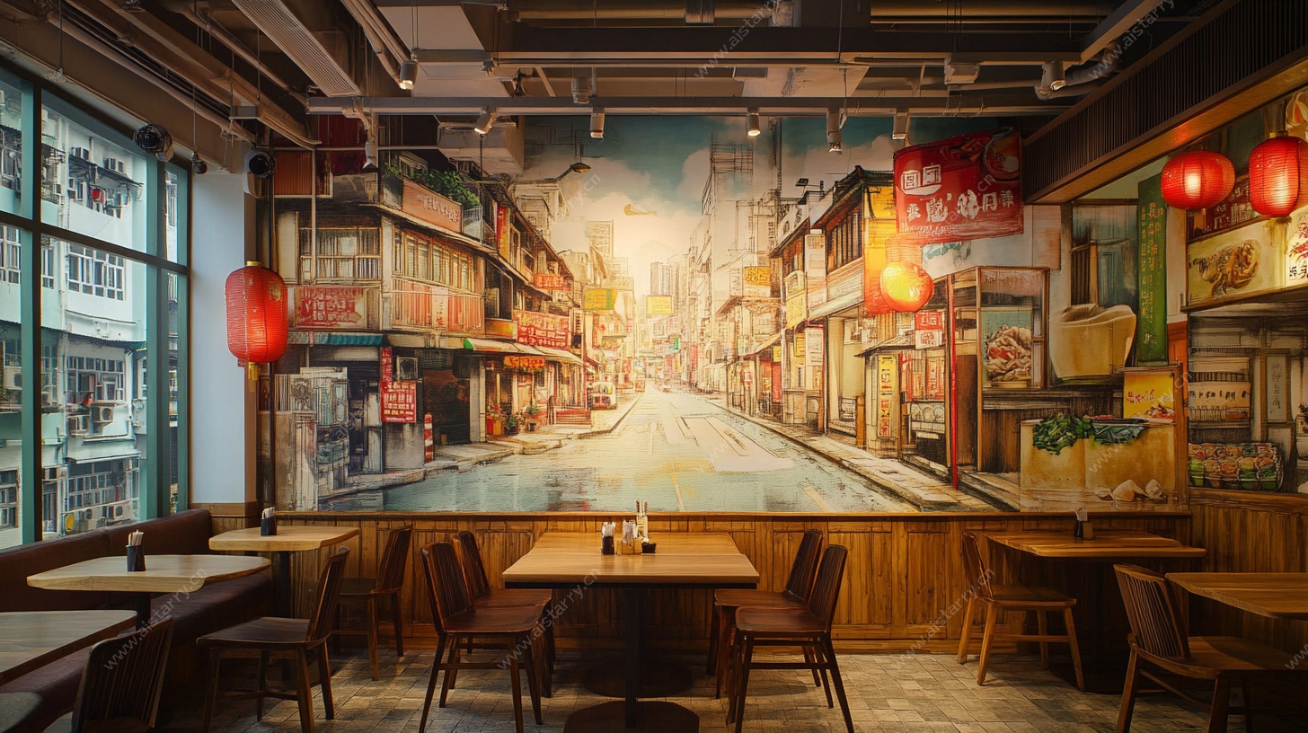 复古风餐厅 中式街景壁画