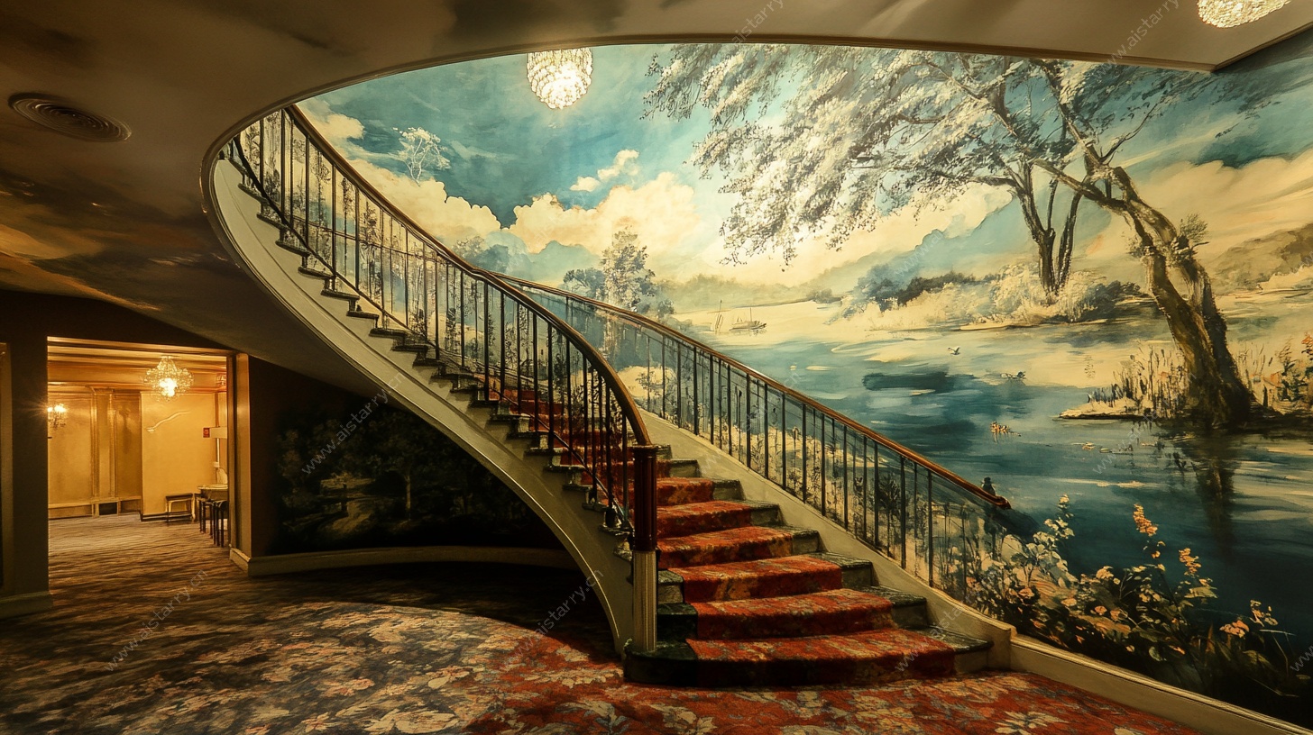 复古壁画环绕的优雅楼梯