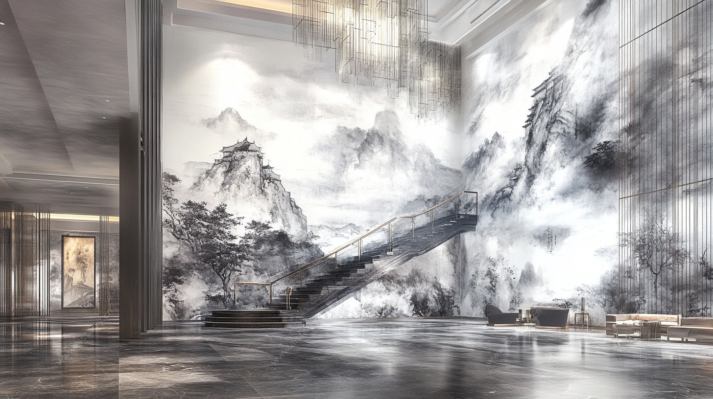 水墨山水风大厅楼梯场景