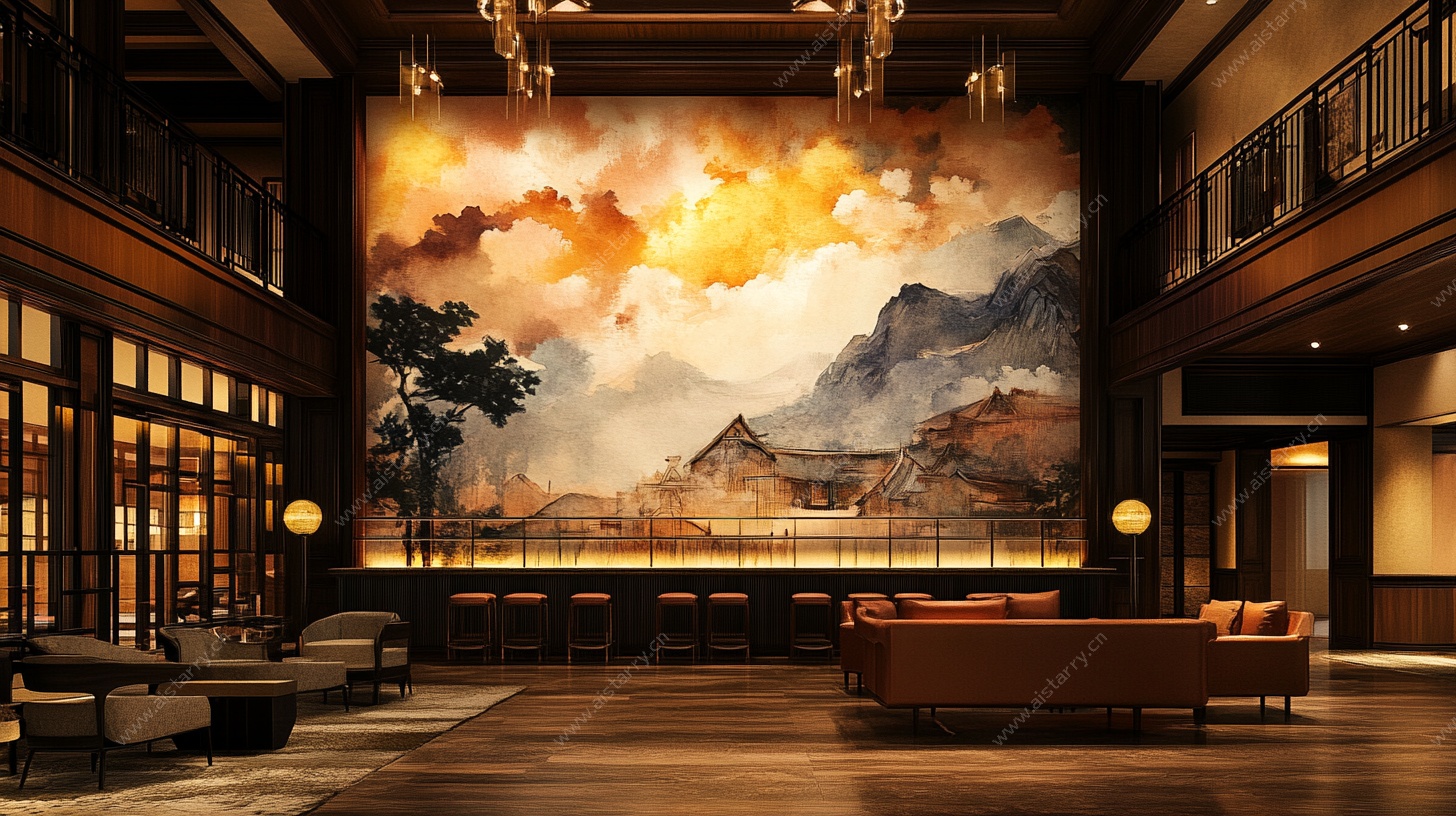 豪华大厅中的巨幅山水壁画