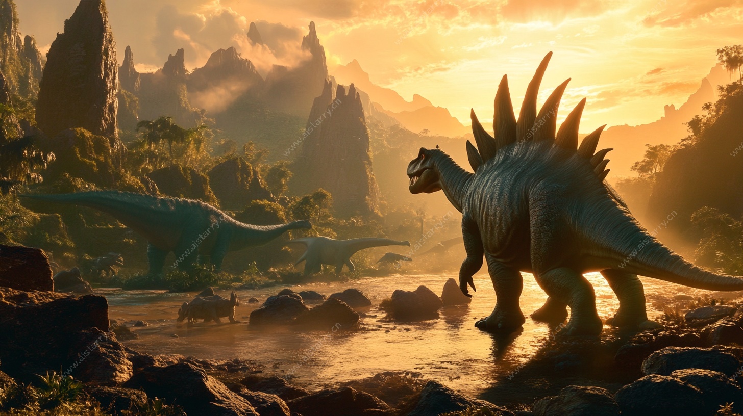 夕阳下的恐龙奇幻场景