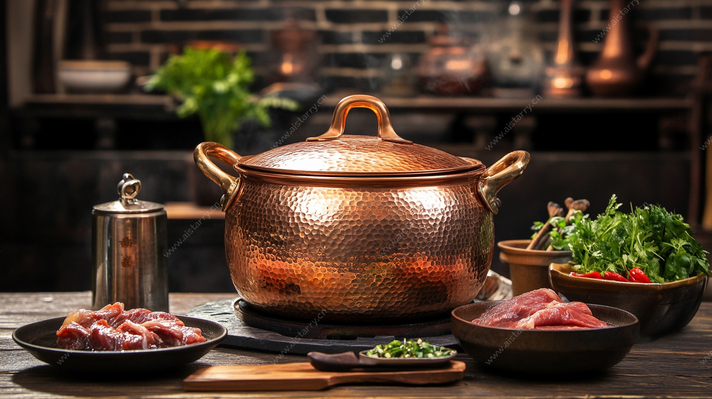 铜制炖锅与丰盛食材