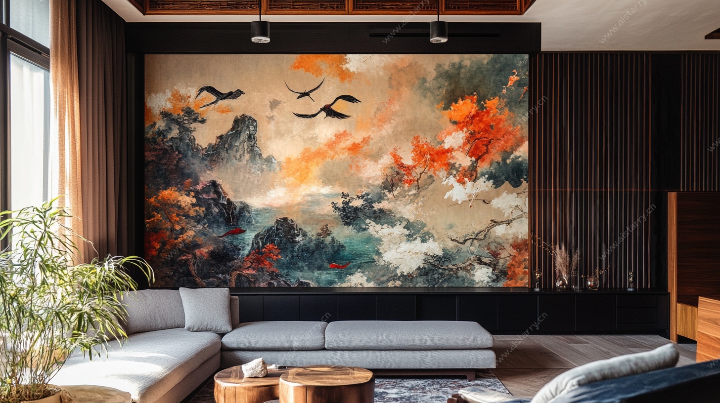 中式客厅的山水艺术壁画