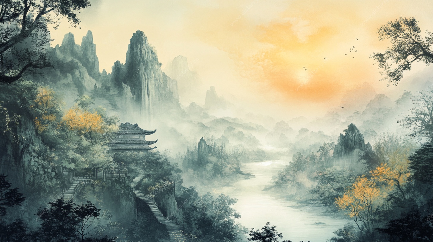 夕阳下的中式山水美景