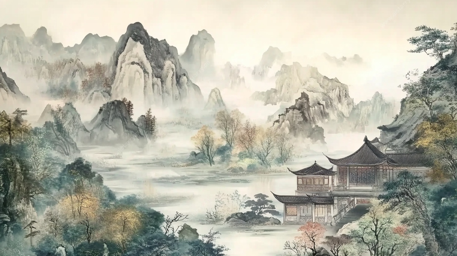 水墨山水间的古韵楼阁