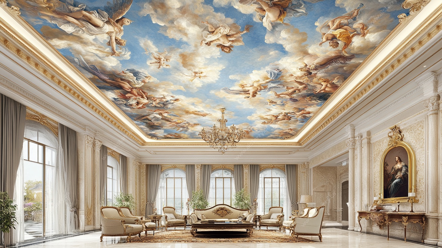 欧式奢华客厅的精美天顶画