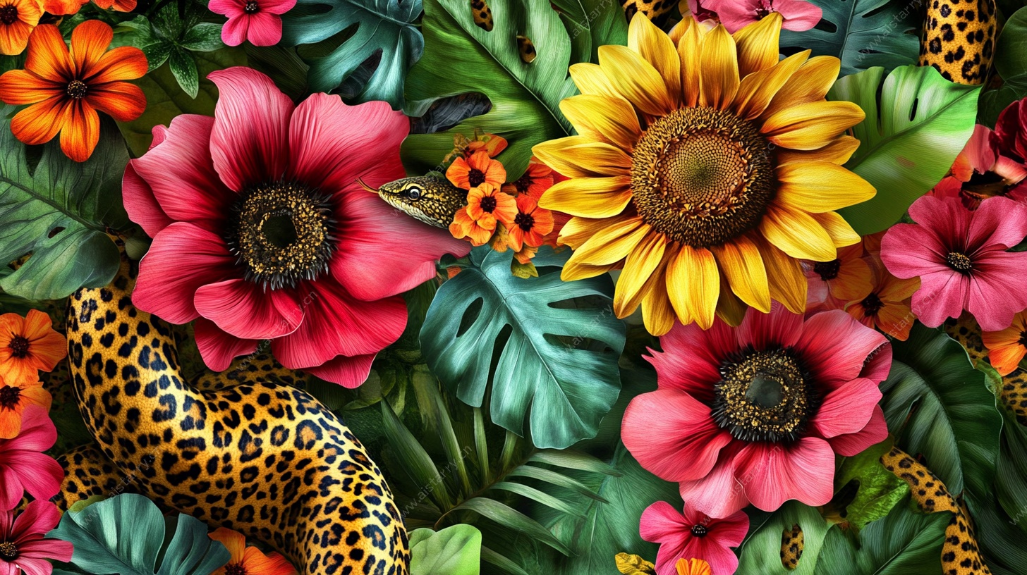 热带花卉与豹纹图案背景