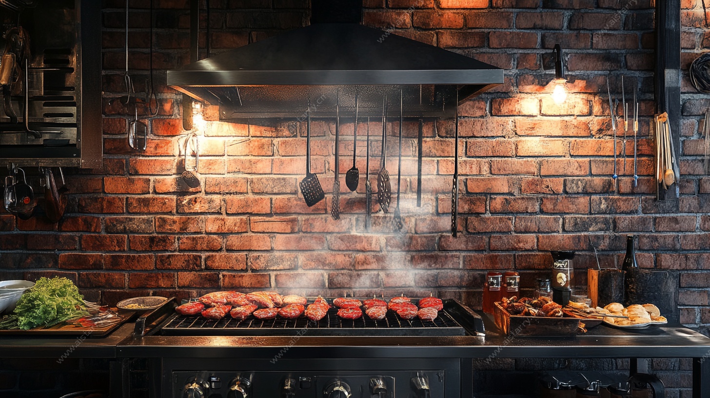 砖砌厨房内的烹饪场景