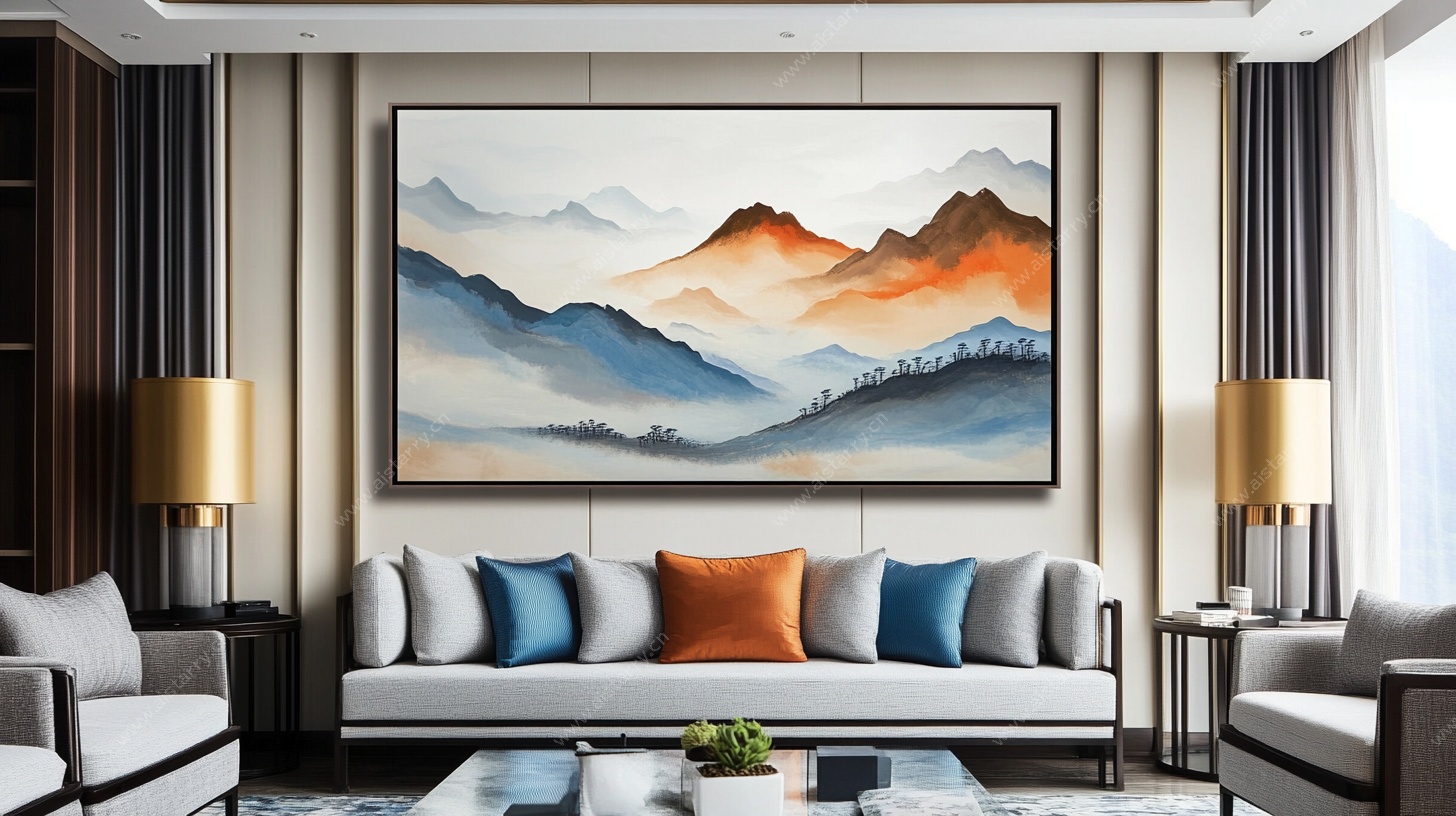 现代客厅中的山水装饰画