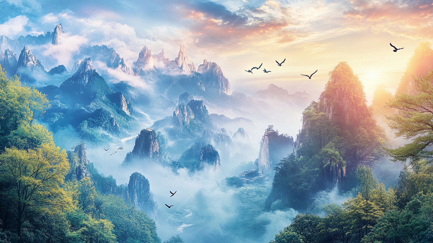 壮丽山川飞鸟图