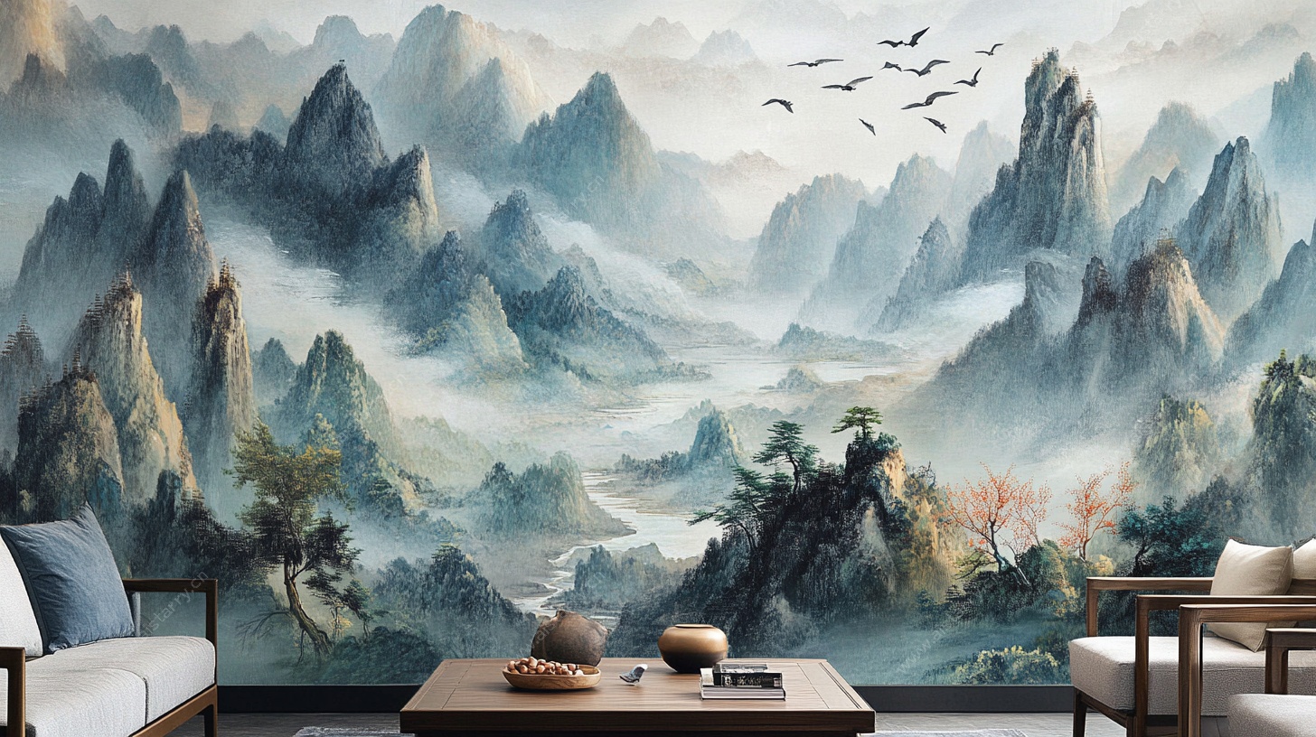 中式山水壁画客厅装饰图