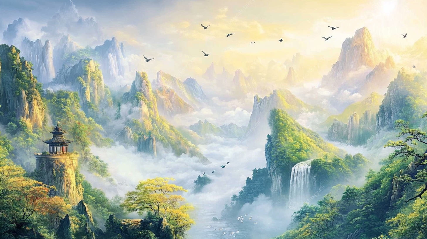 水墨山水间 飞鸟伴亭阁