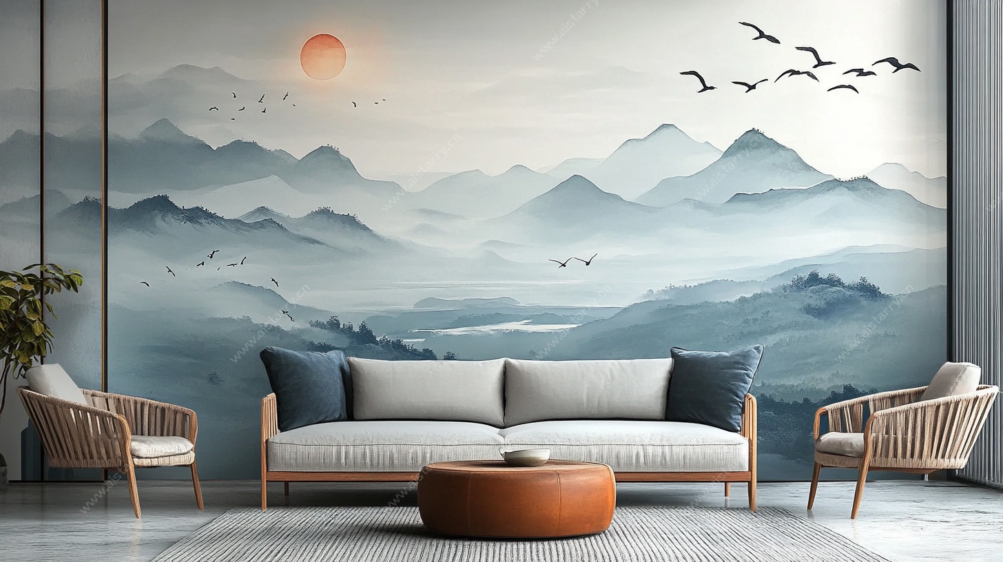 新中式山水客厅背景墙