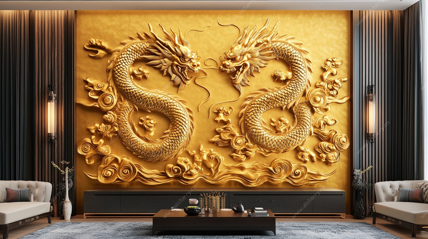 中式客厅双龙浮雕背景墙