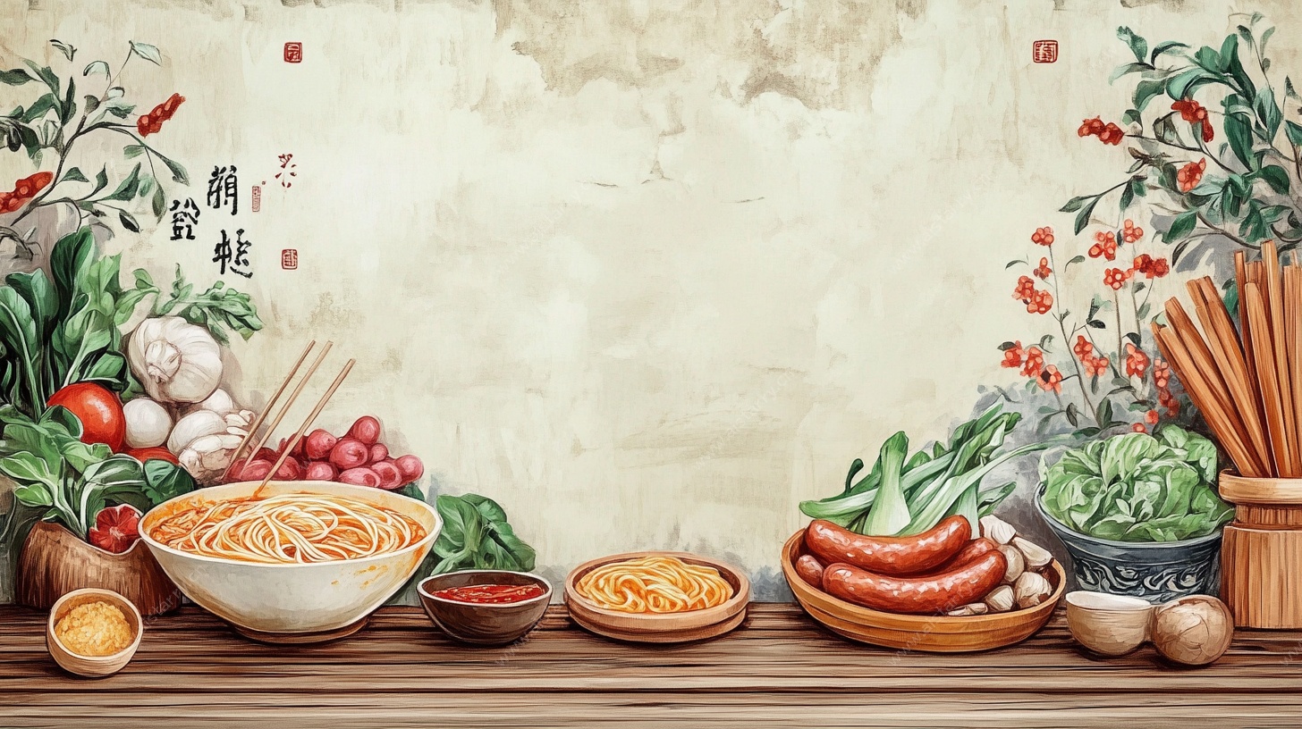 中式面食蔬菜静物插画