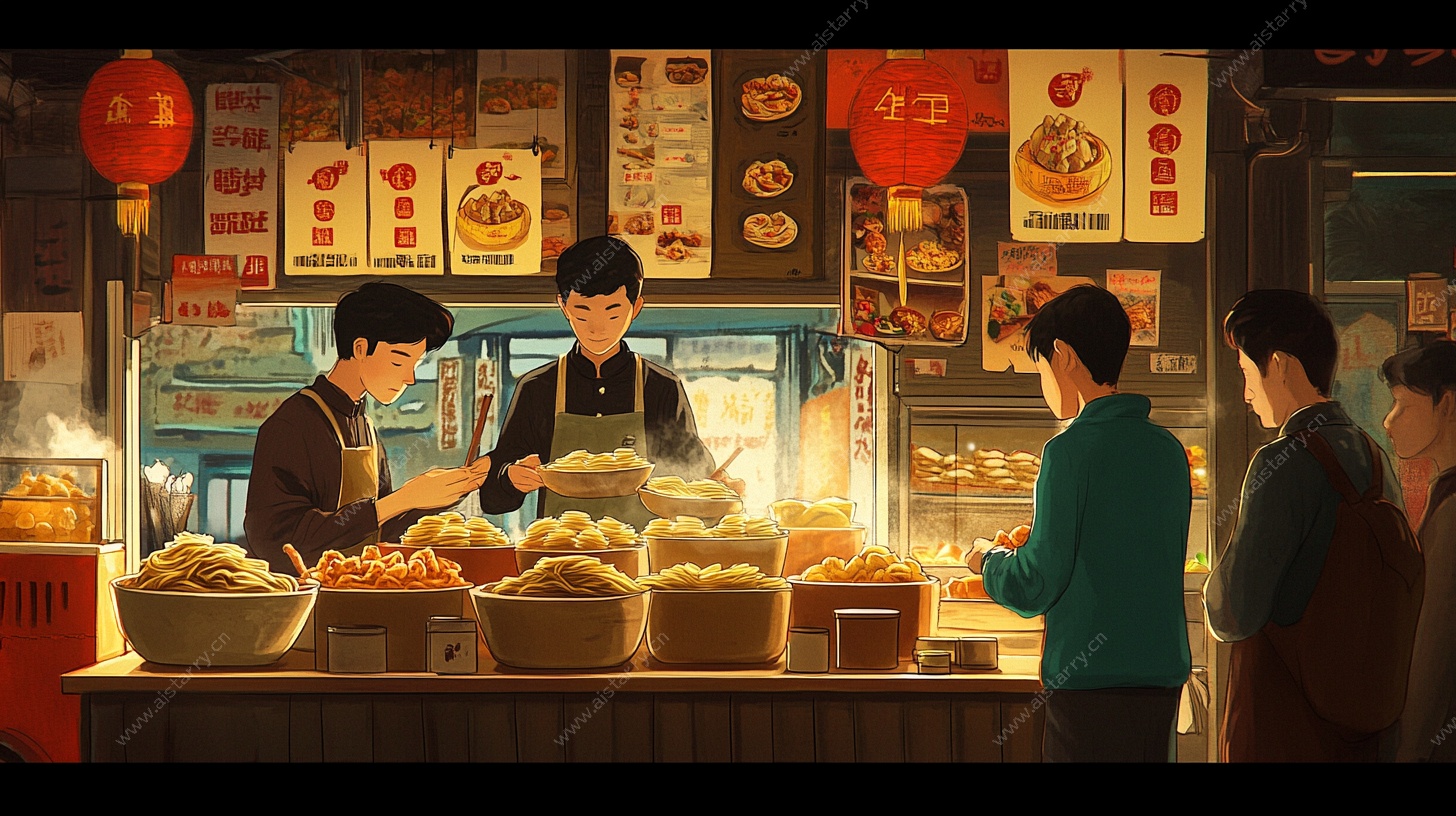 热闹街边小吃摊场景