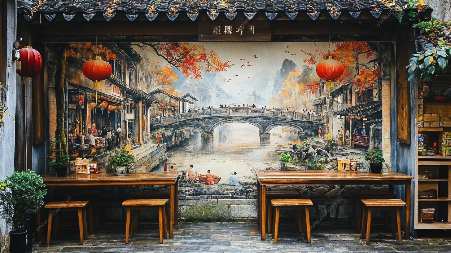 古风墙绘餐厅场景