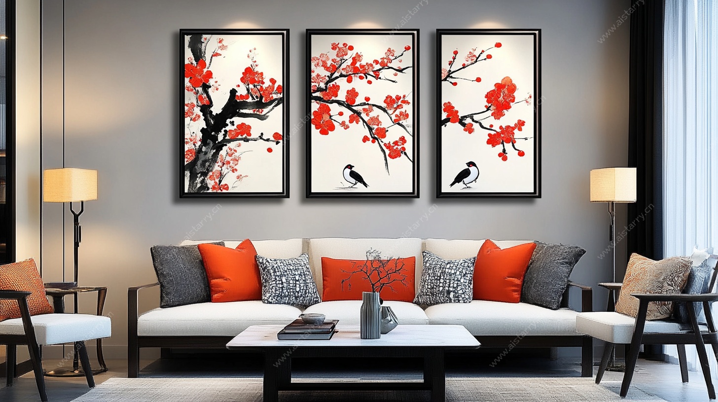 中式客厅三联梅花装饰画