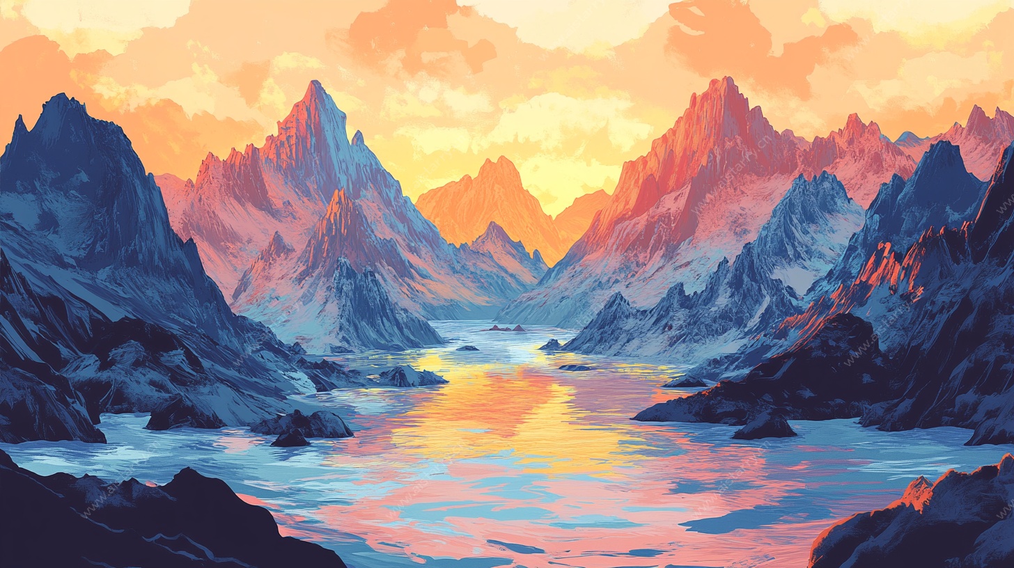 梦幻山间日落风景图