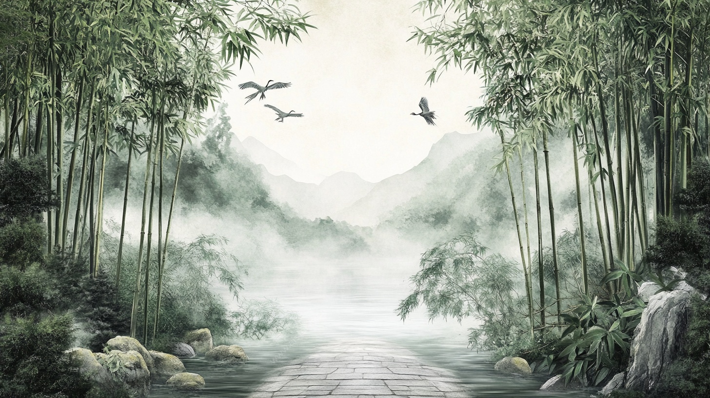 竹林幽径山水间飞鸟图