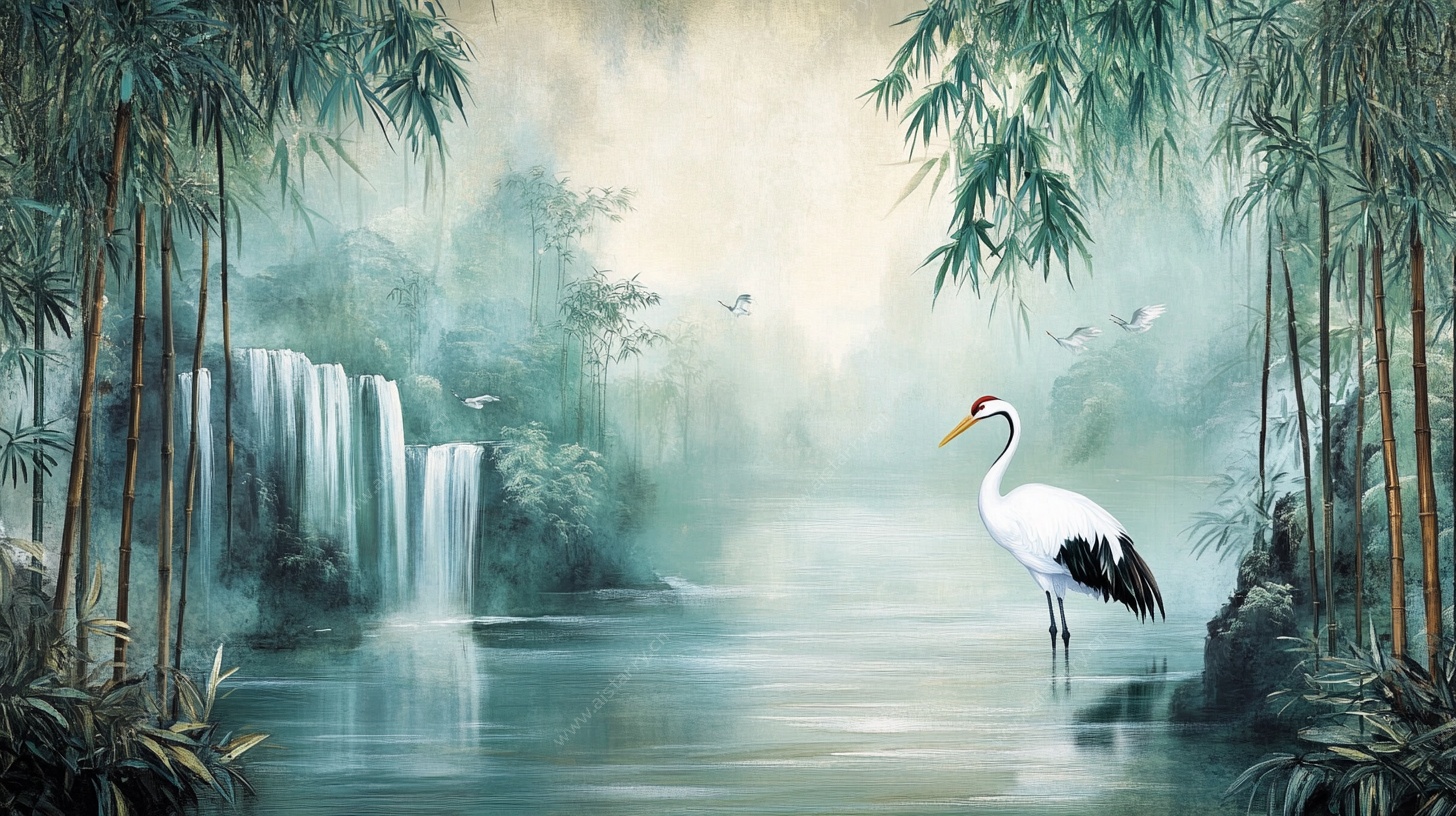 竹林飞瀑间的优雅丹顶鹤