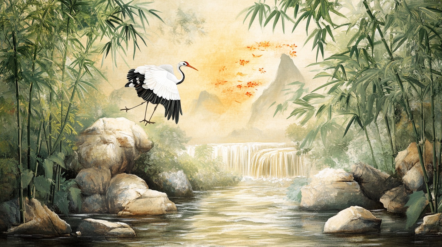 竹林鹤影 山水诗意画卷