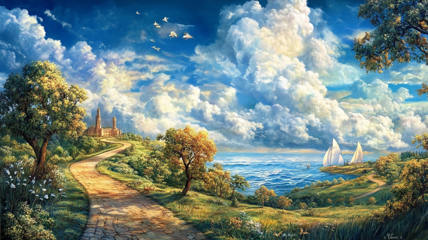 田园海边小径风景油画