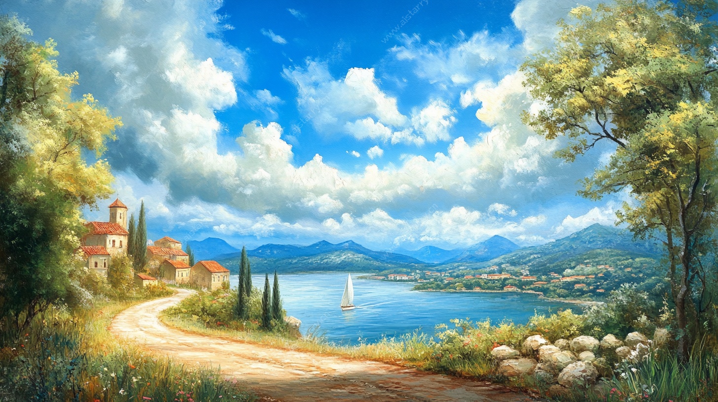 湖畔乡间路风景油画