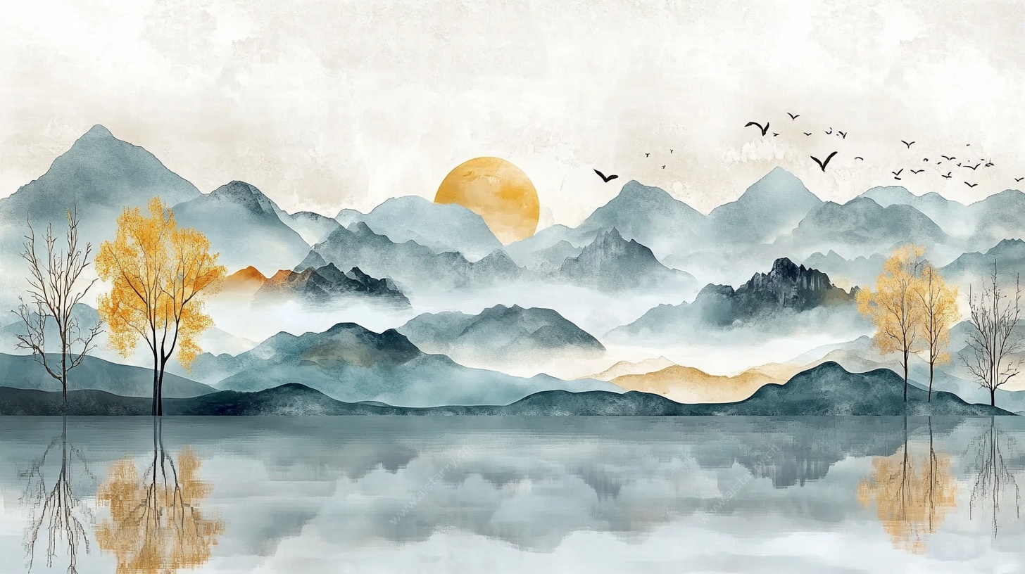 水墨山水间的落日景致