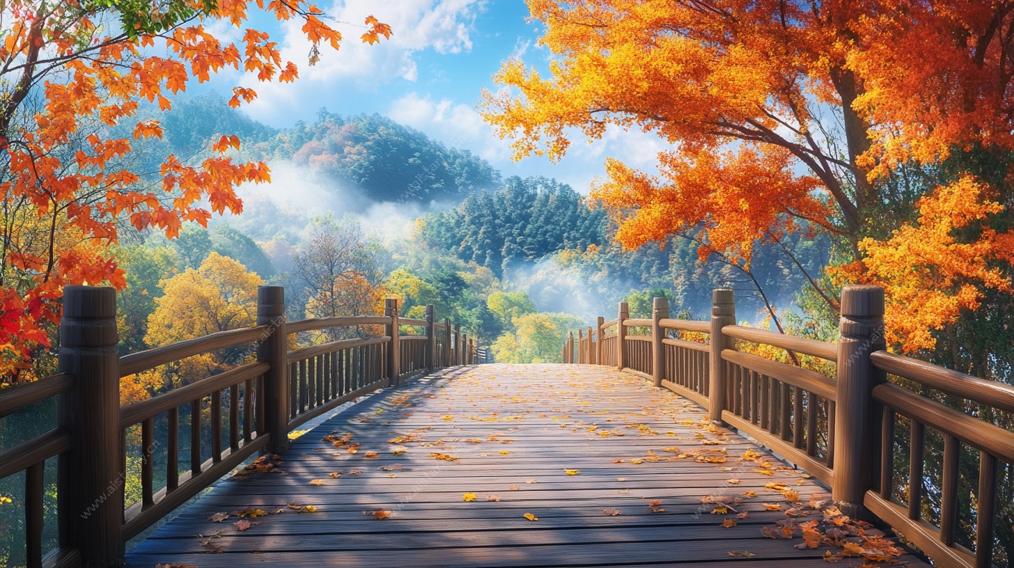 秋日木桥风景图