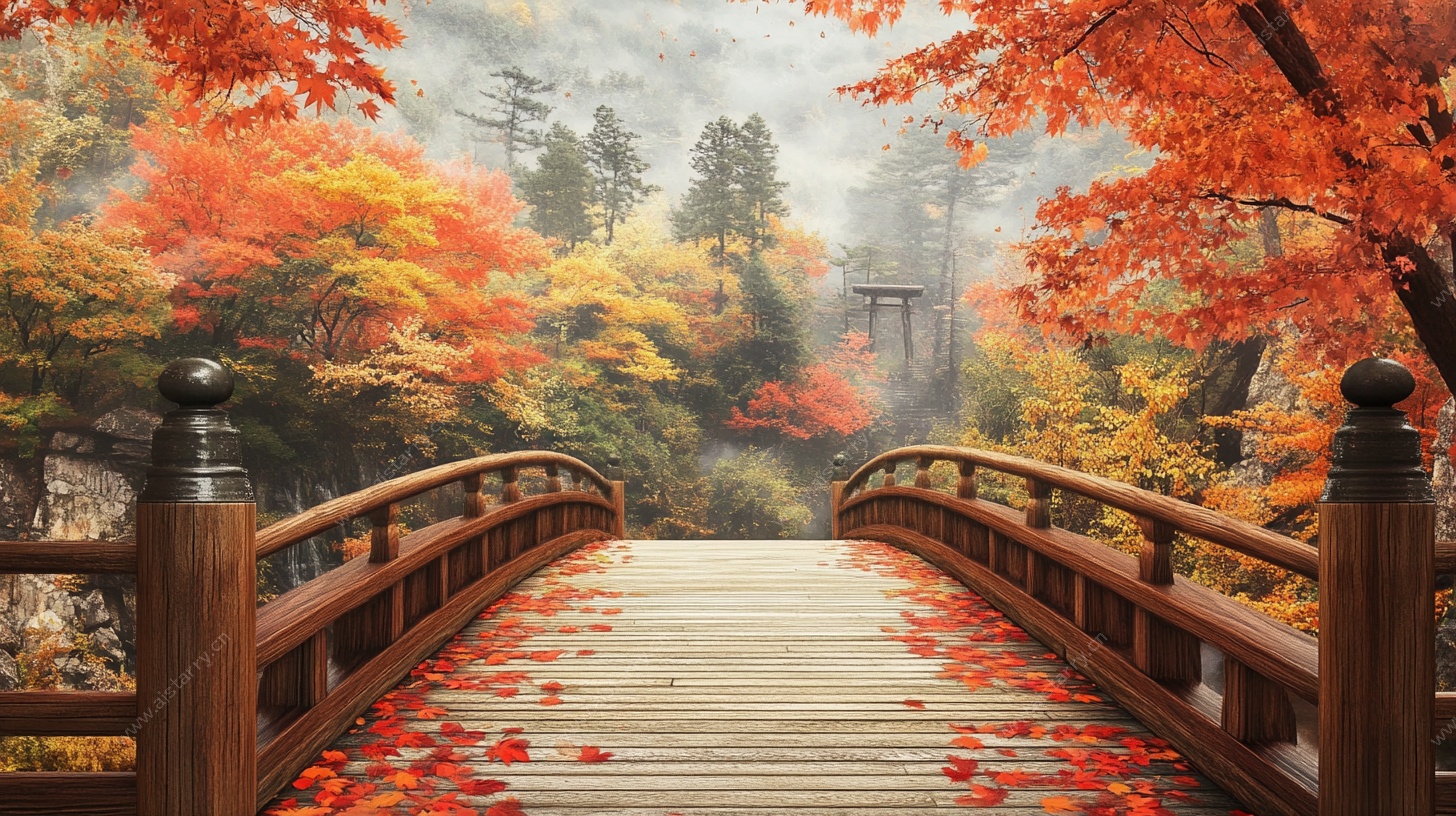 秋日枫林木桥唯美风光