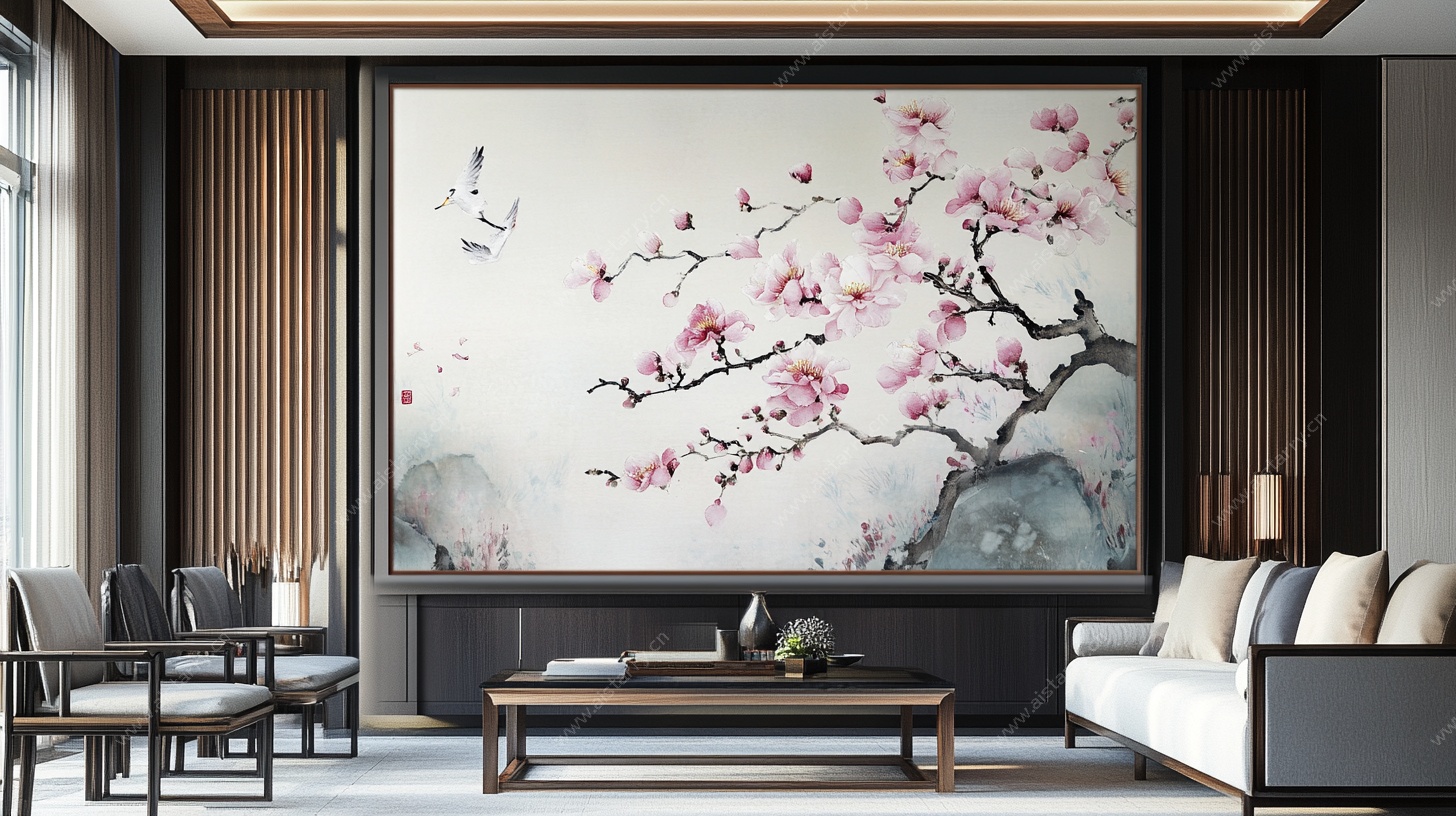 中式客厅的雅致梅花壁画