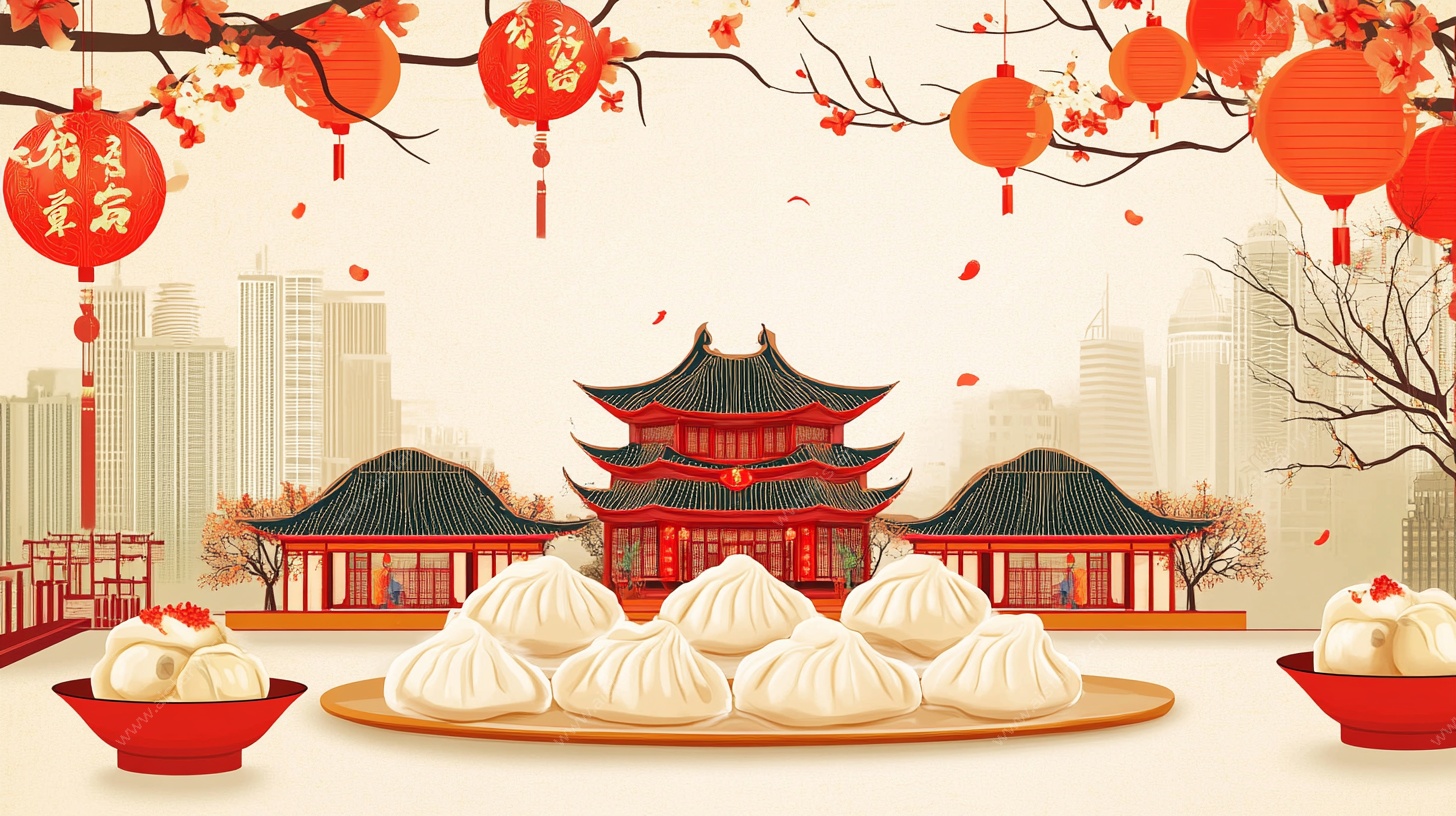 新春中式美食与传统建筑