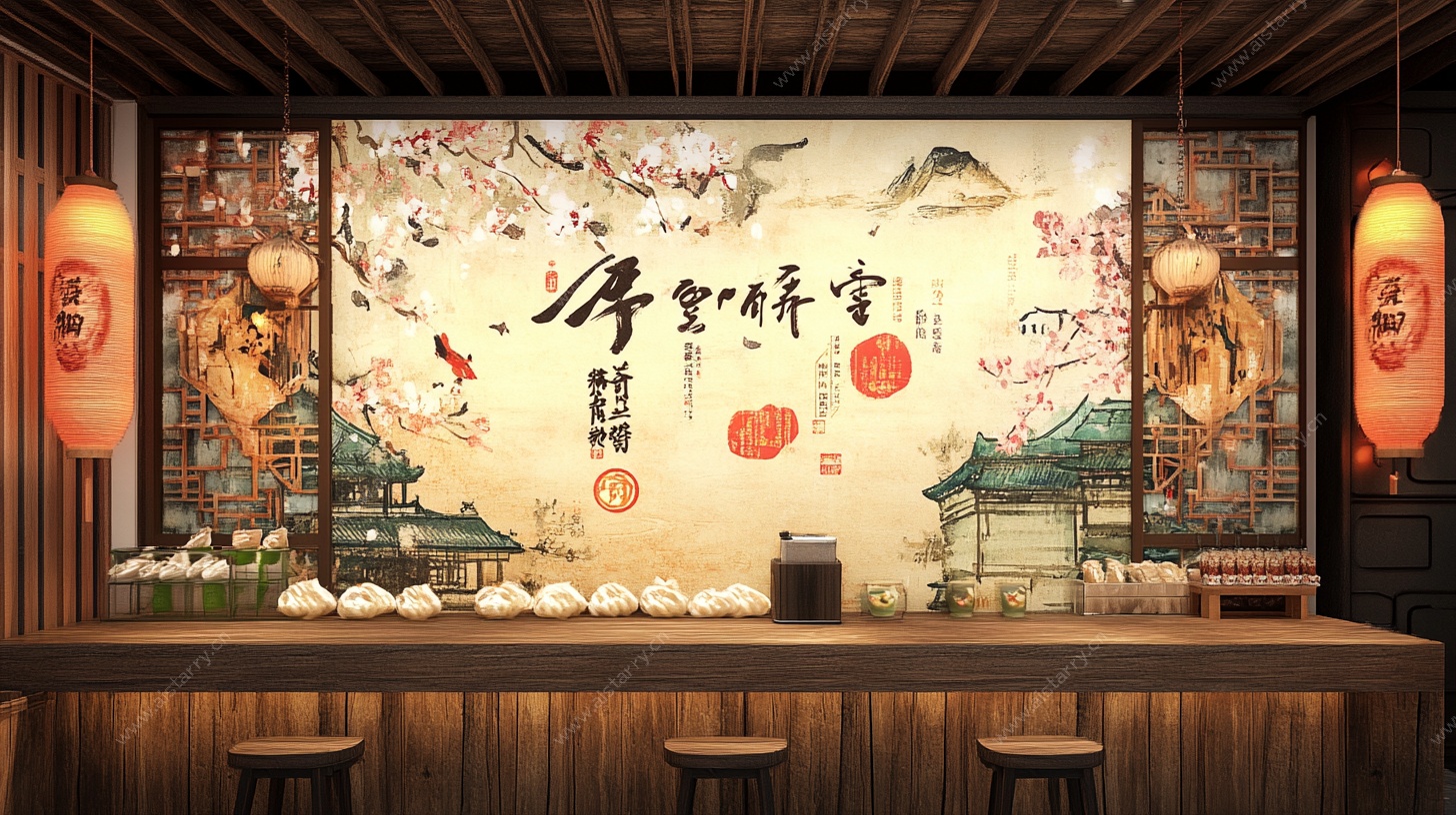 中式古风茶饮店背景墙