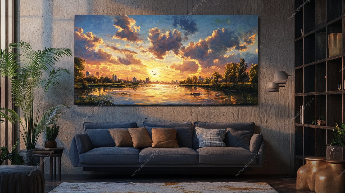 客厅中的唯美落日挂画