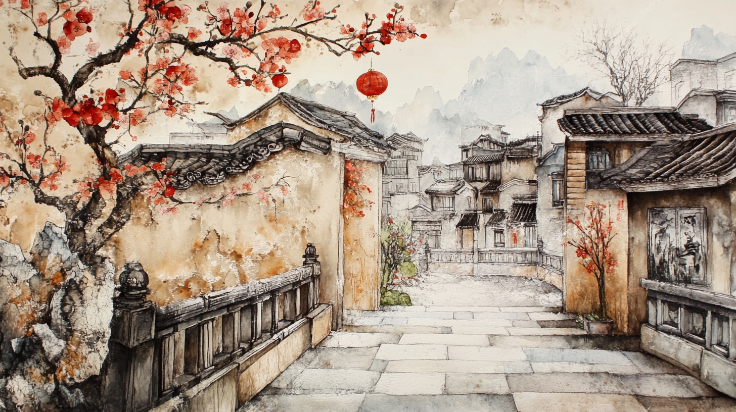 江南古巷红梅映灯笼