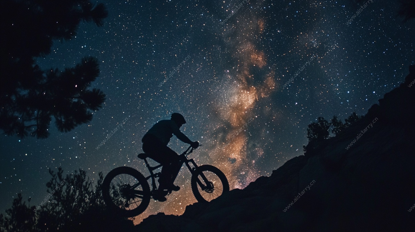 星空下的山地自行车骑行者