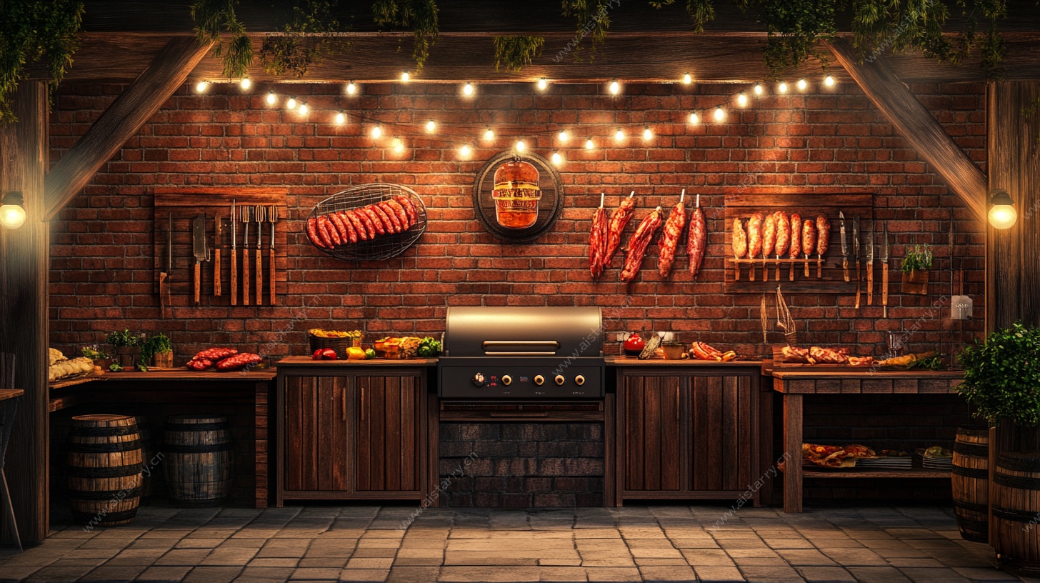 户外木质烧烤烹饪区场景