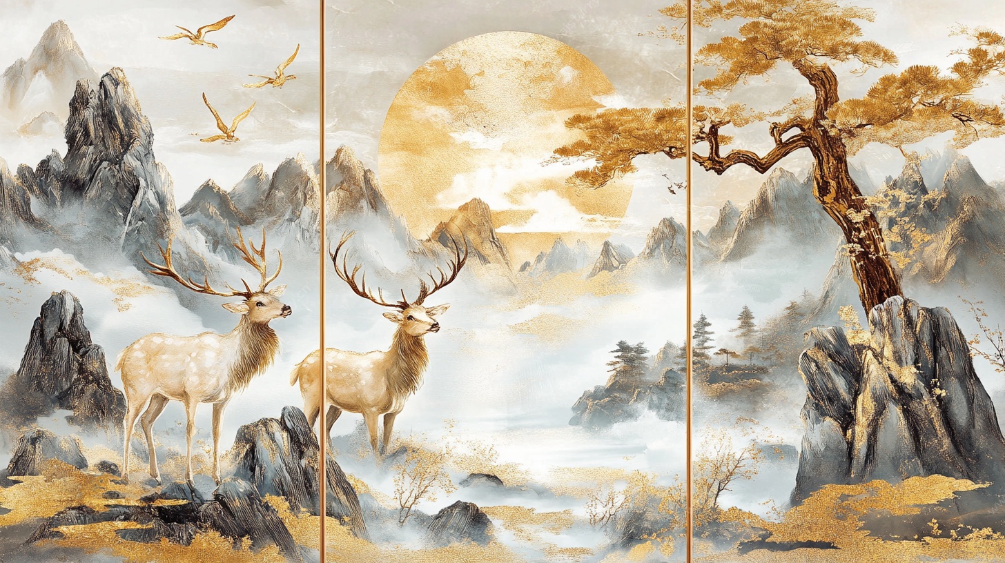 中式山水瑞鹿意境画作