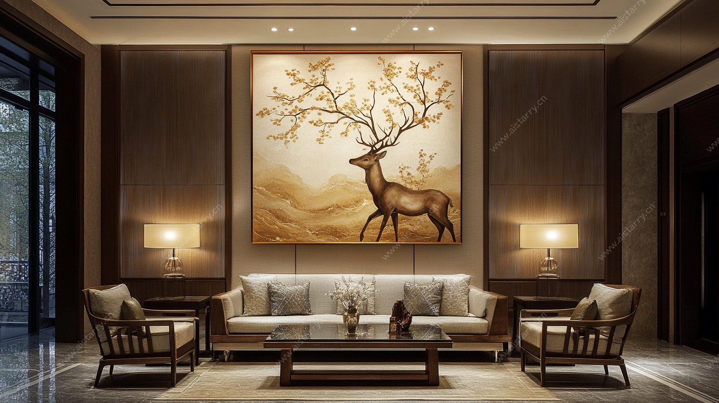 中式客厅麋鹿挂画装饰场景