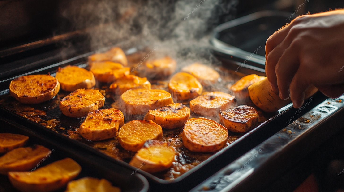 烤箱中烤制的香甜红薯片