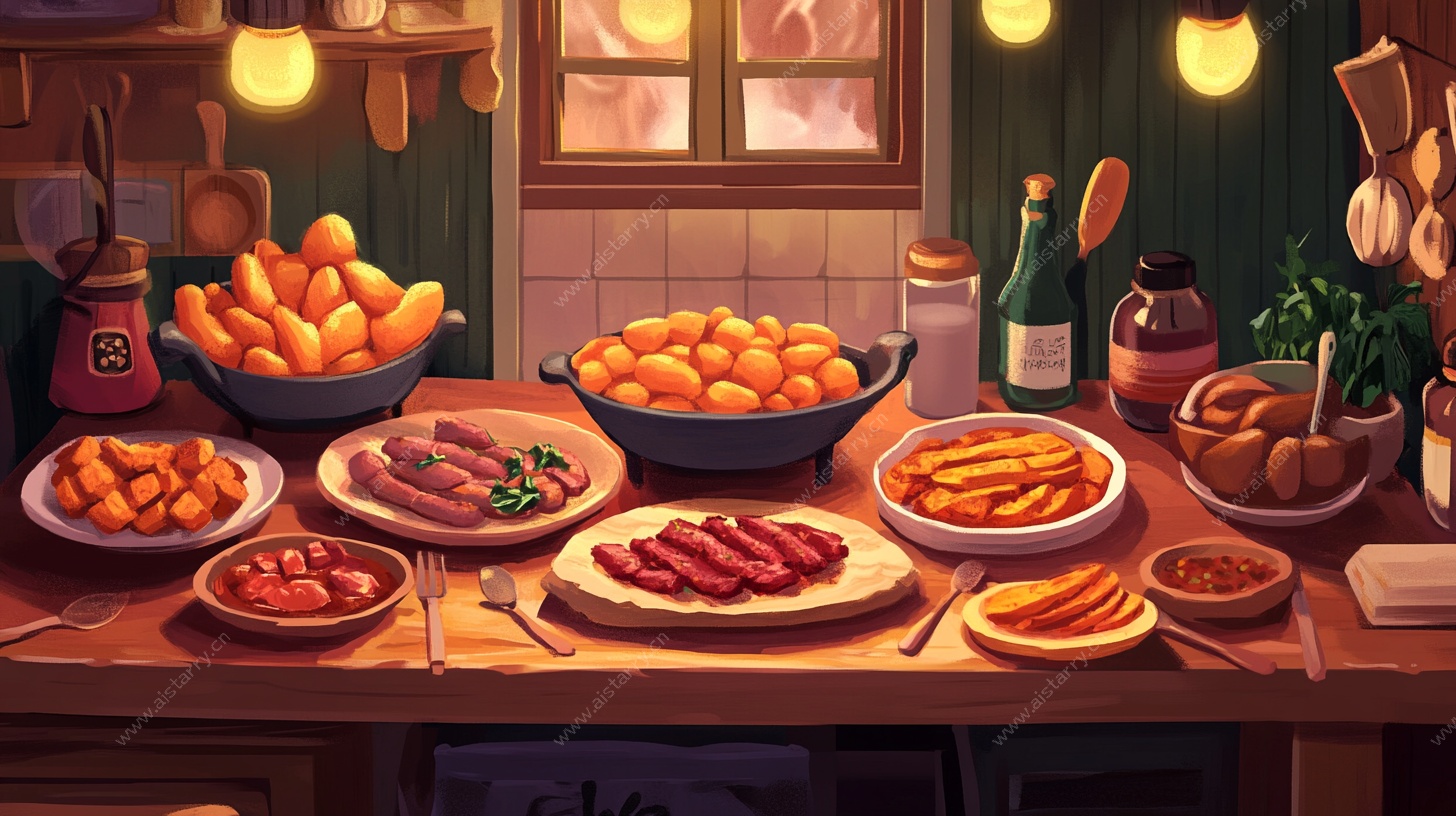 丰盛美食摆满温馨厨房