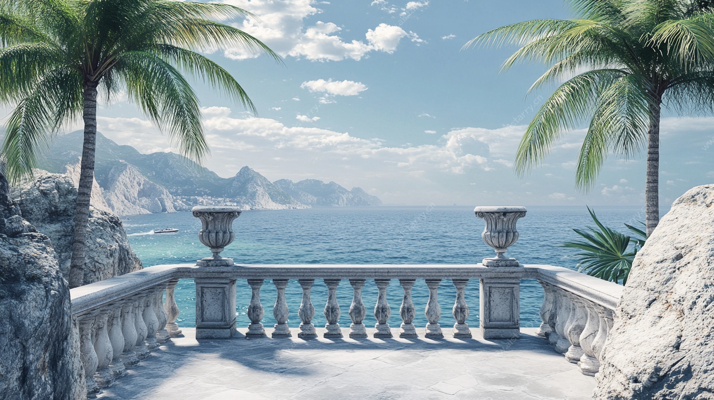 海滨石栏旁的椰树美景