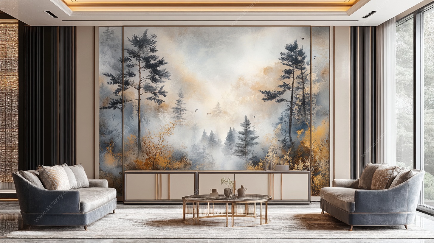 客厅中式山水壁画装饰