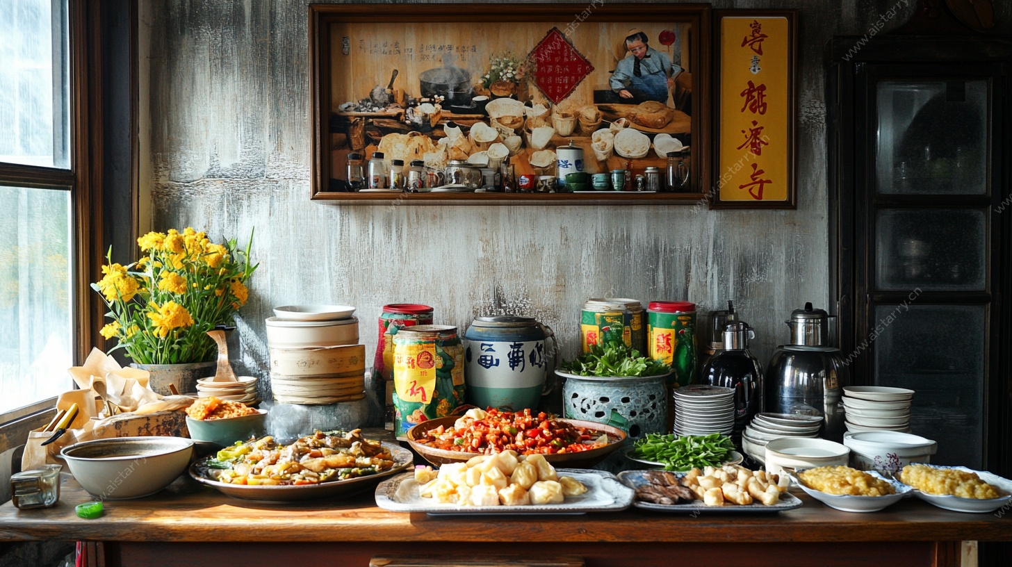 乡村农家宴丰盛美食场景