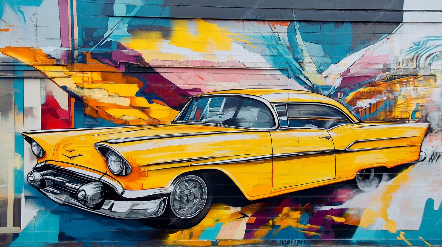 复古黄车街头涂鸦艺术