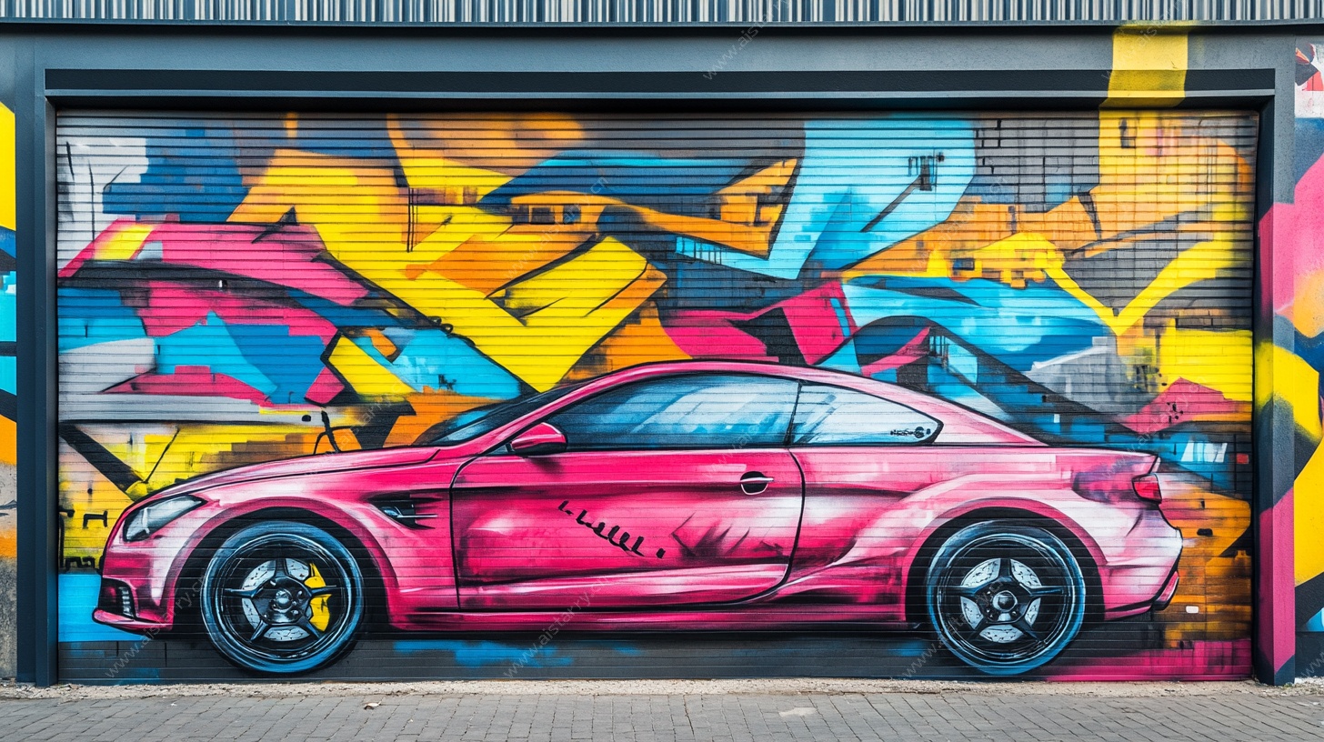 粉色跑车与多彩涂鸦墙