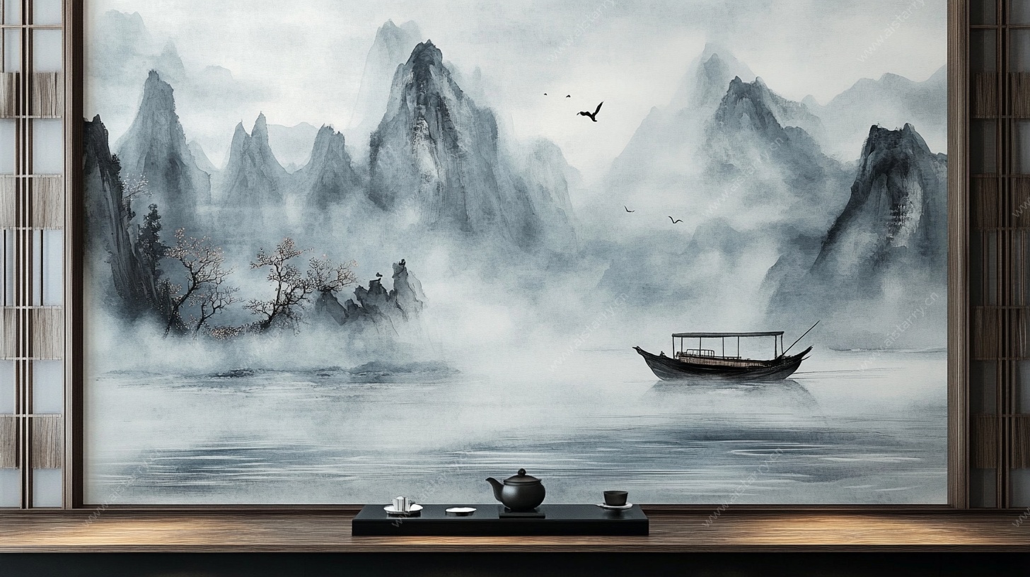 中式水墨山水意境背景图