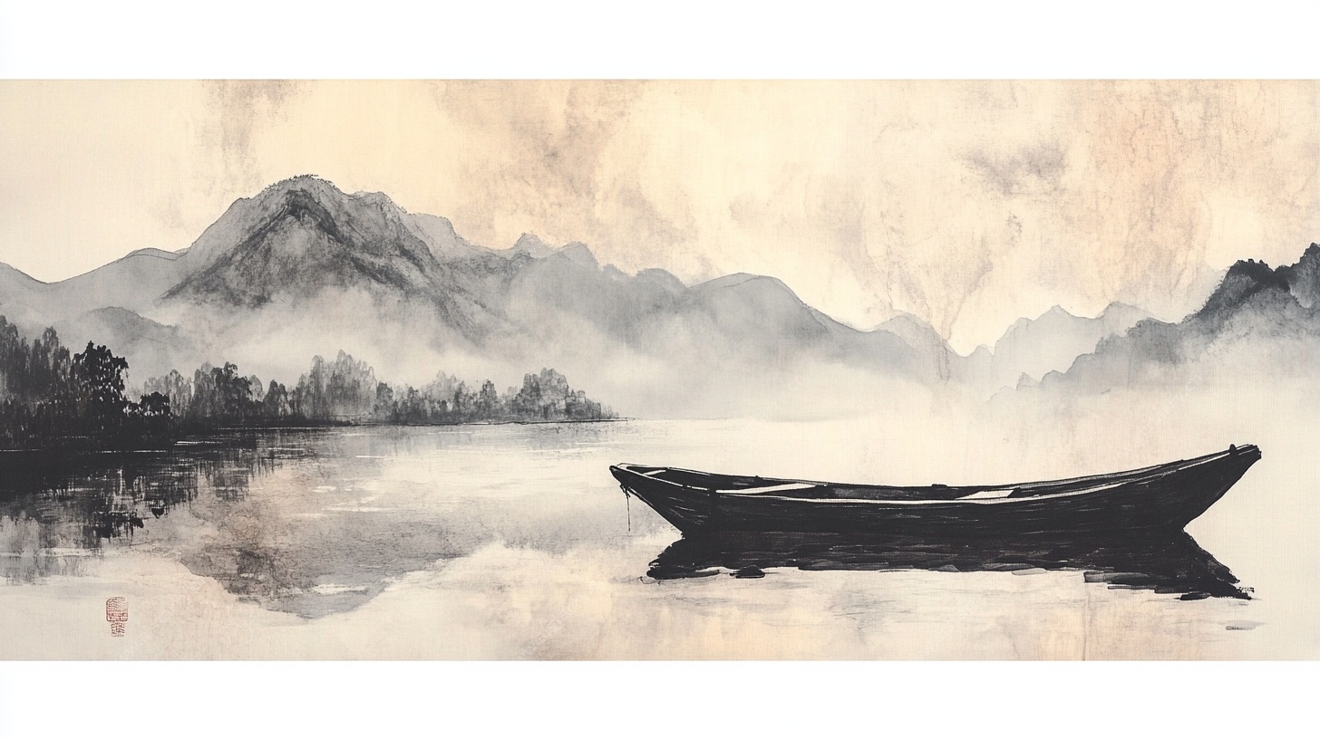 水墨孤舟山水意境图