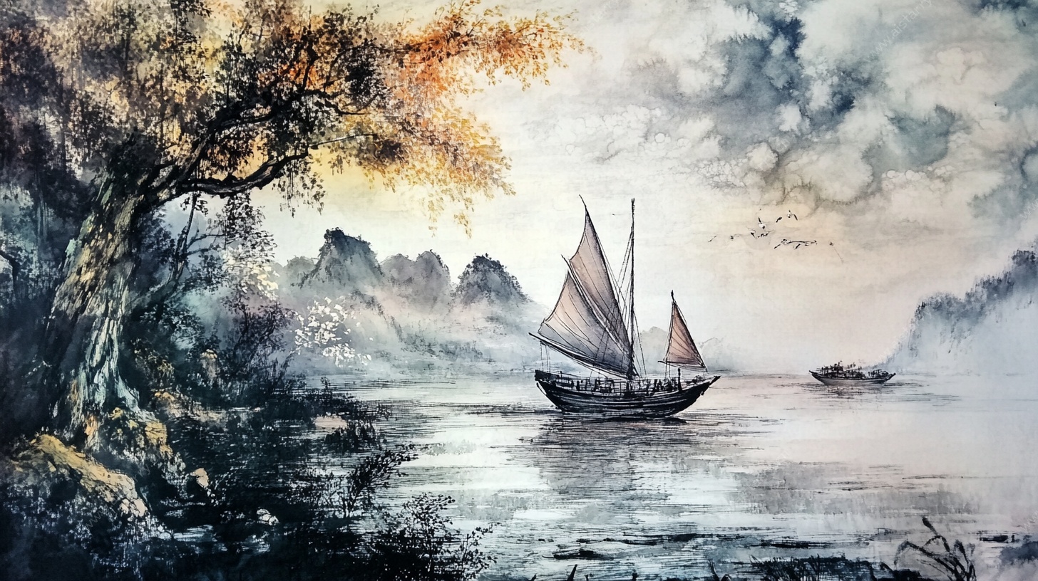 河畔帆船图